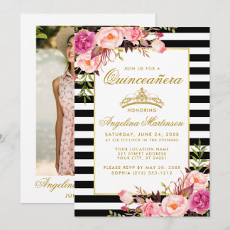 Quinceanera Gold Kronen Rosa Foto Streifen Einladung