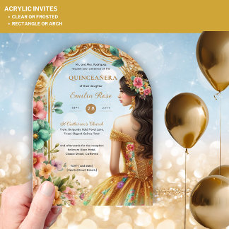 Quinceañera Gold Pink Green Rose Kleidung Quince Acryleinladungen