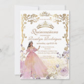 Quinceanera - Gold Rosa Weiß Einladung (Vorderseite)
