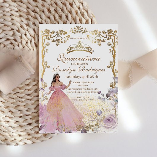 Quinceanera - Gold Rosa Weiß Einladung