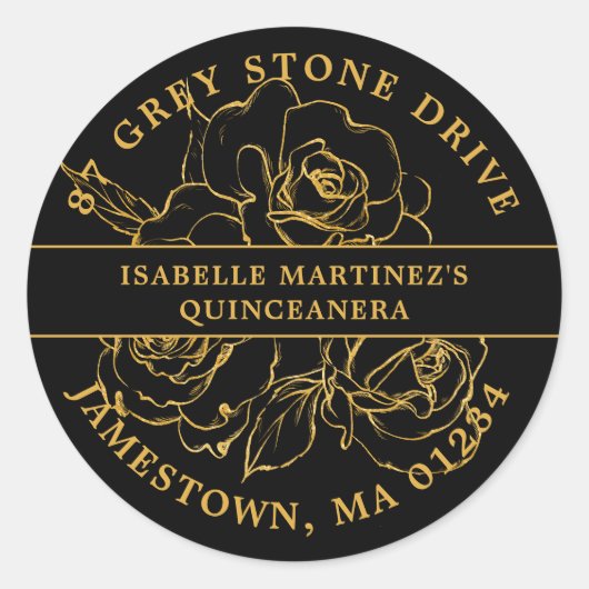 Quinceanera Gold Rose Rücksendeadresse Runder Aufkleber (Vorderseite)