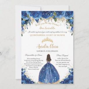 Quinceañera Gold Royal Blue Floral Dama Request Einladung