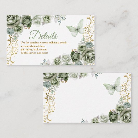 Quinceañera Gold & Sage Green Butterfly Details Begleitkarte (Vorne/Hinten)