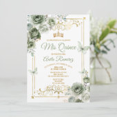 Quinceañera Gold & Sage Green Mexican Butterfly Einladung (Stehend Vorderseite)