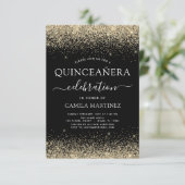 Quinceanera Gold Schwarz Moderner Glitzer Sparkone Einladung (Stehend Vorderseite)