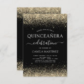Quinceanera Gold Schwarz Moderner Glitzer Sparkone Einladung (Vorne/Hinten)