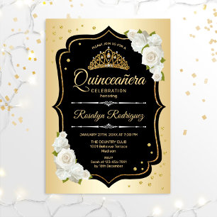Quinceanera - Gold Schwarz-weiß Einladung