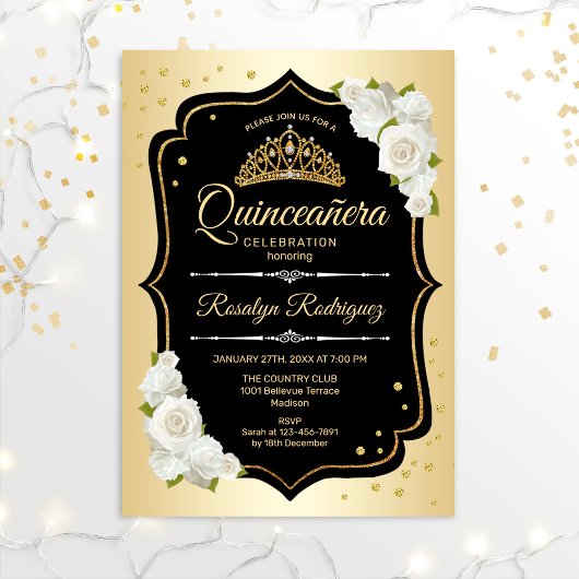 Quinceanera - Gold Schwarz-weiß Einladung