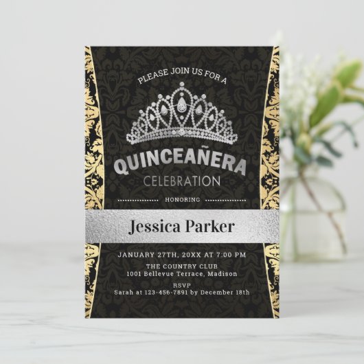 Quinceanera Gold Silver Black Einladung (Stehend Vorderseite)