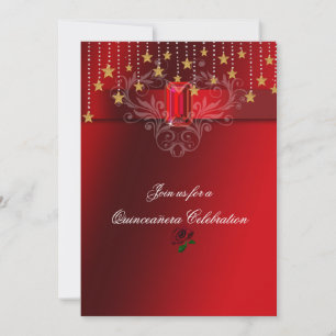 Quinceanera Gold Stars Red Ruby & Rote Rosen Einladung