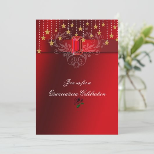 Quinceanera Gold Stars Red Ruby & Rote Rosen Einladung (Stehend Vorderseite)