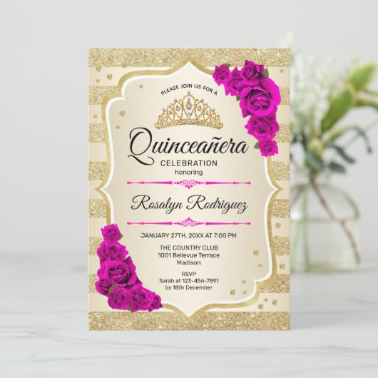 Quinceanera - Gold Streifen rosa Einladung (Stehend Vorderseite)