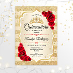 Quinceanera - Gold Streifen rot Einladung<br><div class="desc">Gold Quinceanera Feier Einladung. Enthält Streifen,  Skript-Schriftart,  rote Rosen,  Tiara und Konfetti. Klassisches Design mit Imitaten Glitzer Gold. Ideal für eine elegante Glamour.</div>