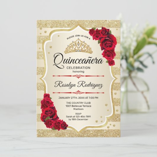 Quinceanera - Gold Streifen rot Einladung (Stehend Vorderseite)
