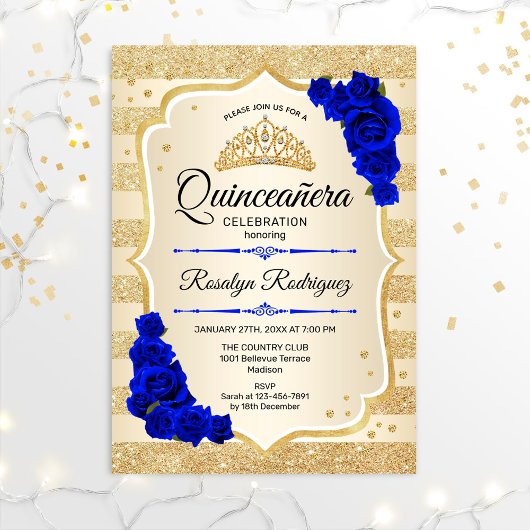 Quinceanera - Gold Streifen Royal Blue Einladung