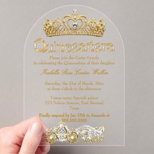 Quinceanera Gold Tiara Diamonds Princess Carriage Acryleinladungen