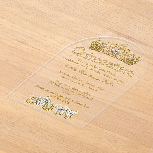 Quinceanera Gold Tiara Diamonds Princess Carriage Acryleinladungen (Ablage )