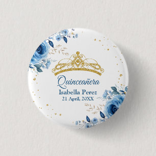 Quinceanera Gold-Tiara Glitter und blaue Blumenkro Button