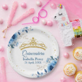 Quinceanera Gold Tiara Glitzer und Blauer Flor Pappteller (Party)