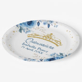 Quinceanera Gold Tiara Glitzer und Blauer Flor Pappteller (Schrägansicht)