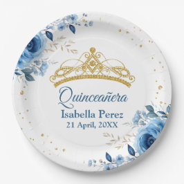 Quinceanera Gold Tiara Glitzer und Blauer Flor Pappteller