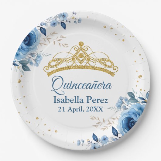 Quinceanera Gold Tiara Glitzer und Blauer Flor Pappteller (Vorderseite)