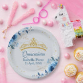 Quinceanera Gold Tiara Glitzer und Blauer Flor Pappteller (Party)