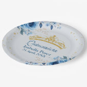 Quinceanera Gold Tiara Glitzer und Blauer Flor Pappteller (Schrägansicht)