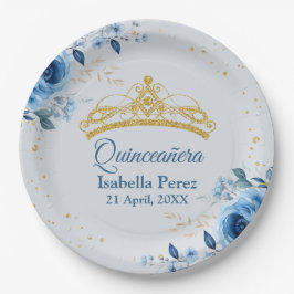 Quinceanera Gold Tiara Glitzer und Blauer Flor Pappteller