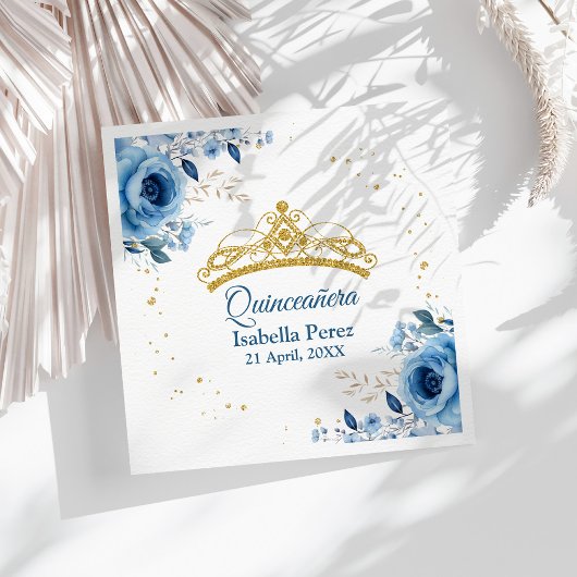 Quinceanera Gold Tiara Glitzer und Blauer Flor Serviette