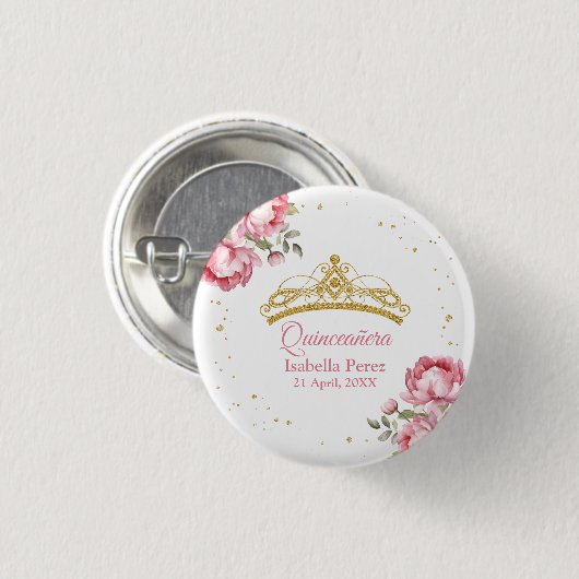 Quinceanera Gold Tiara Glitzer und Pink Floral Button (Vorne & Hinten)