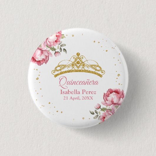 Quinceanera Gold Tiara Glitzer und Pink Floral Button (Vorderseite)