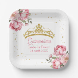 Quinceanera Gold Tiara Glitzer und Pink Floral Pappteller