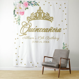 Quinceanera Gold Tiara Hot Pink Floral Hintergrund Wandteppich