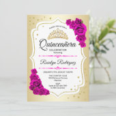 Quinceanera - Gold Weißrosa Einladung (Stehend Vorderseite)