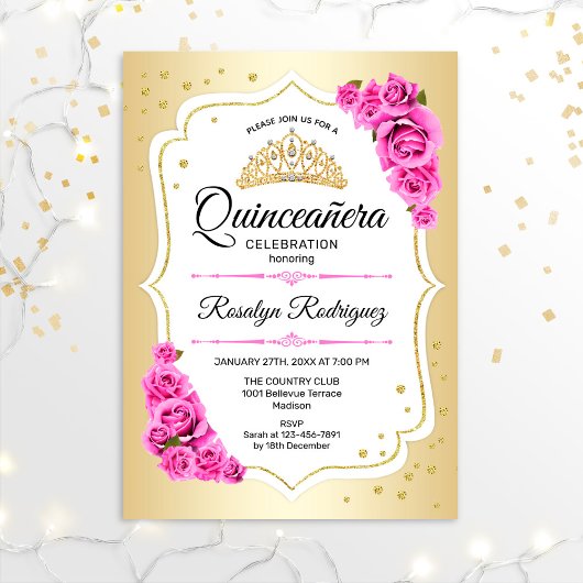 Quinceanera - Gold Weißrosa Einladung