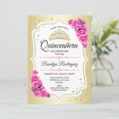 Quinceanera - Gold Weißrosa Einladung (Stehend Vorderseite)