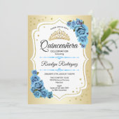 Quinceanera - Gold White Blue Einladung (Stehend Vorderseite)