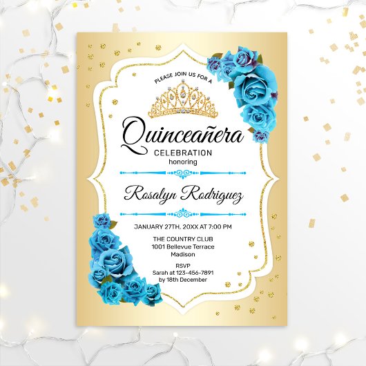 Quinceanera - Gold White Blue Einladung
