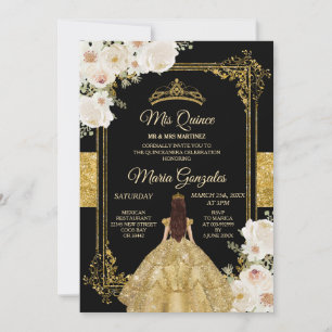 Quinceanera Gold & White Floral Geburtstagskrone Einladung