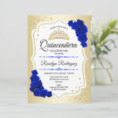 Quinceanera - Gold White Royal Blue Einladung (Stehend Vorderseite)
