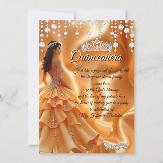 Quinceanera Gold Yellow Orange Carriage Tiara Einladung (Vorderseite)