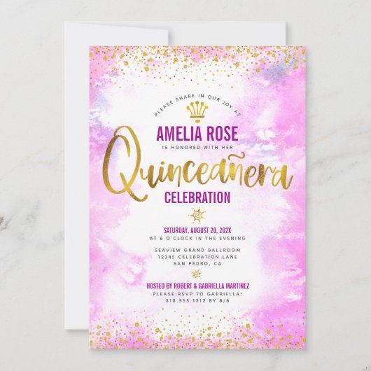 Quinceañera Golden Foil Rosa Aquädukt Einladung (Vorderseite)