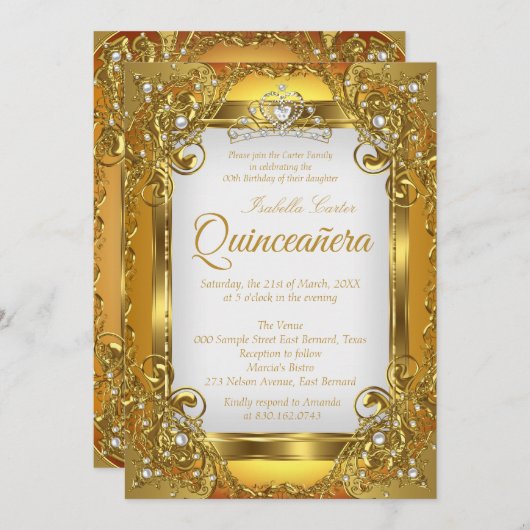 Quinceanera Golden White Pearl Lace Tiara Party Einladung (Vorne/Hinten)