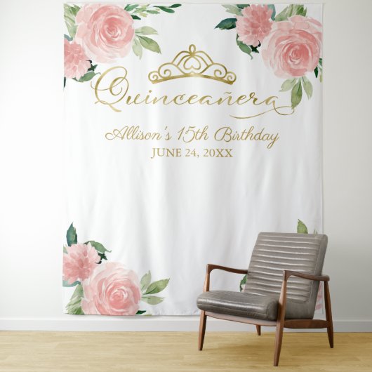 Quinceanera Goldene Foil Tiara Rosa Flora Hintergr Wandteppich (Beispiel)