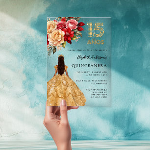 Quinceanera goldenes Kleid Blumen Rosen klar Acryleinladungen