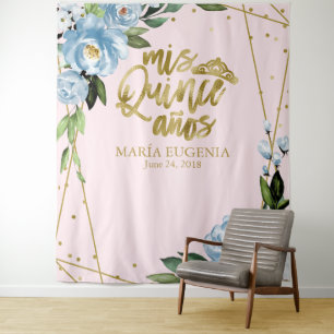 Quinceanera Goldfolie Rosa Blau Florales Hintergru Wandteppich