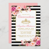 Quinceanera Goldkrone Streifen Rosa Blüte Einladung (Vorne/Hinten)