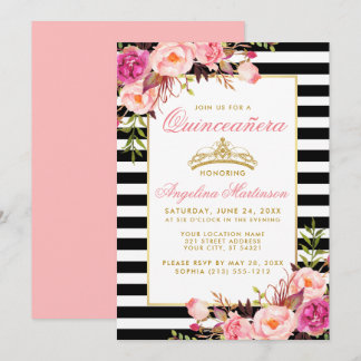 Quinceanera Goldkrone Streifen Rosa Blüte Einladung