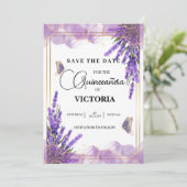 Quinceañera Goldlavene, Lila Bläserschmetterling Save The Date (Stehend Vorderseite)